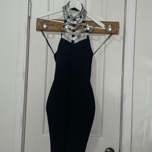 AGACI Rhinestone/Crystal Cage Black Mini Dress